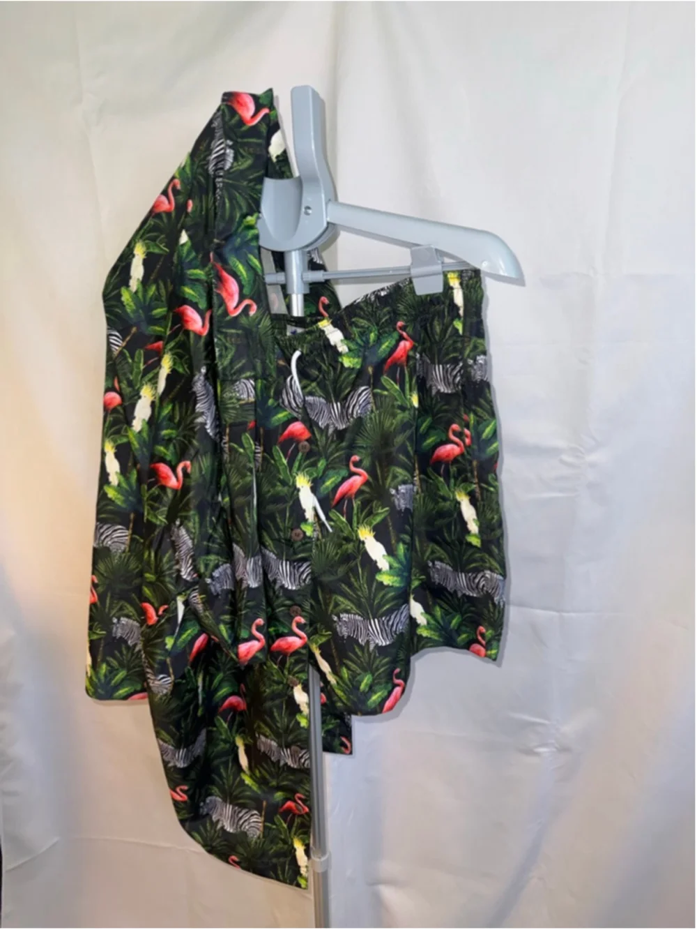 Men's Trunks L Black Green Tropical‎ Print Swim Trunks & Shirt Set
